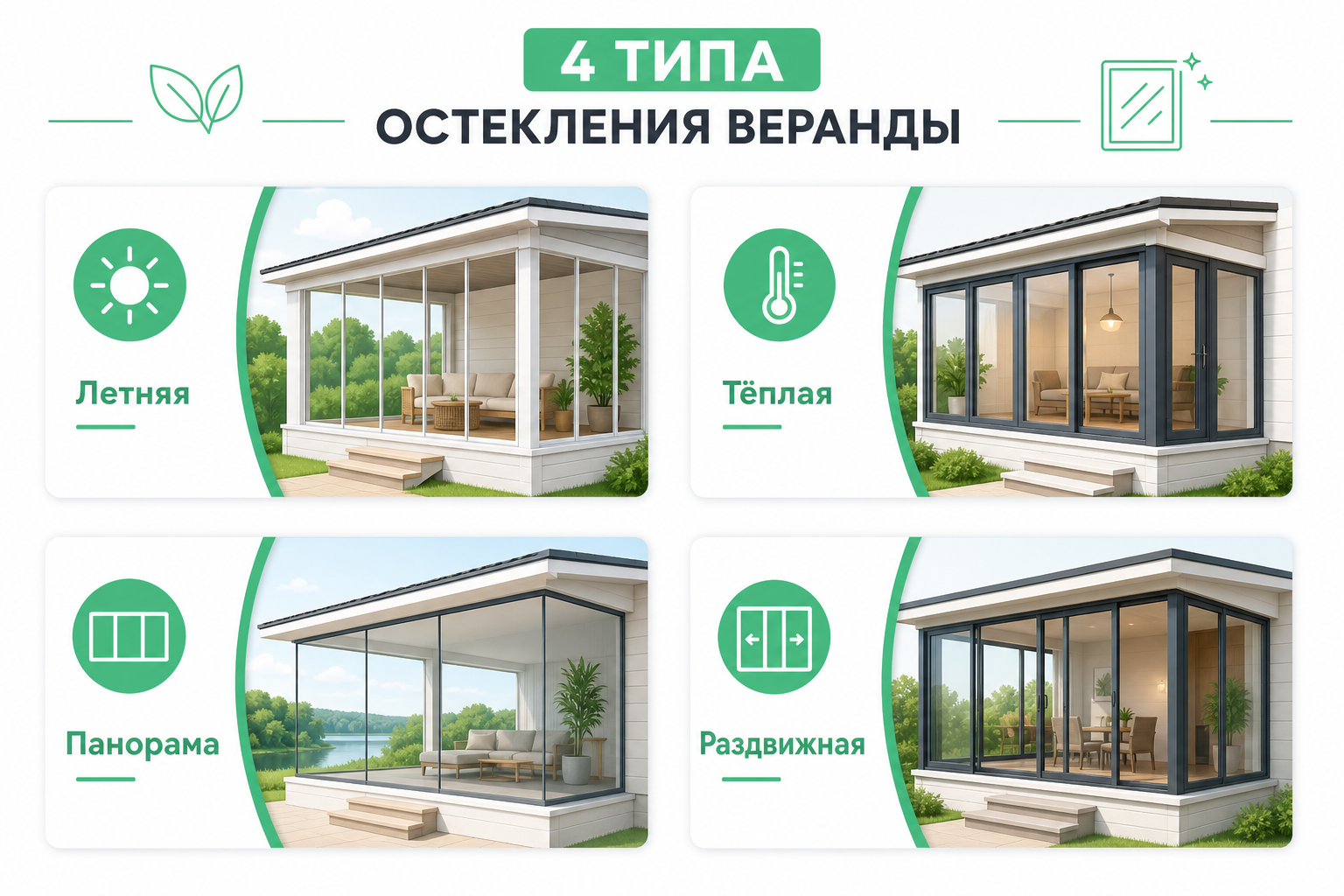Варианты остекления веранд — холодное, тёплое, панорама, раздвижные